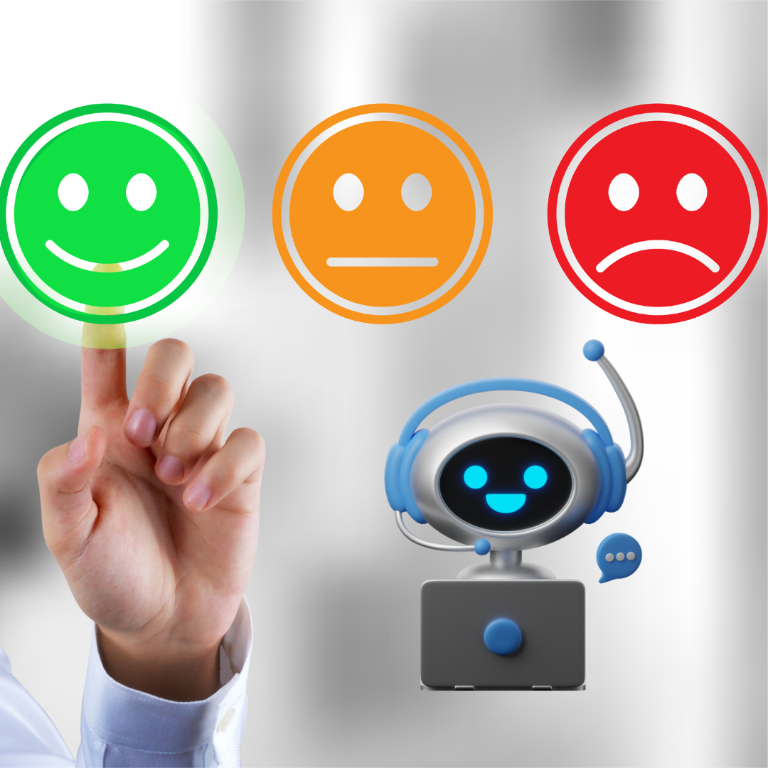 green happy face, orange no expression face and a red sad face with a robot attendant