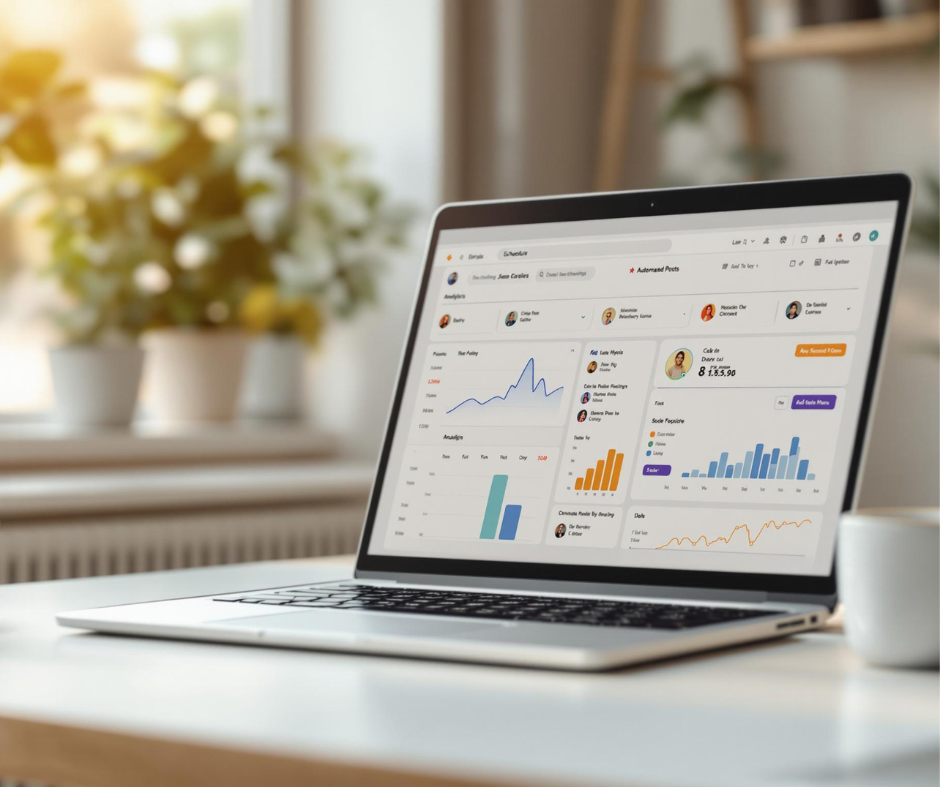 picture of a laptop with automated social post scheduling on the screen