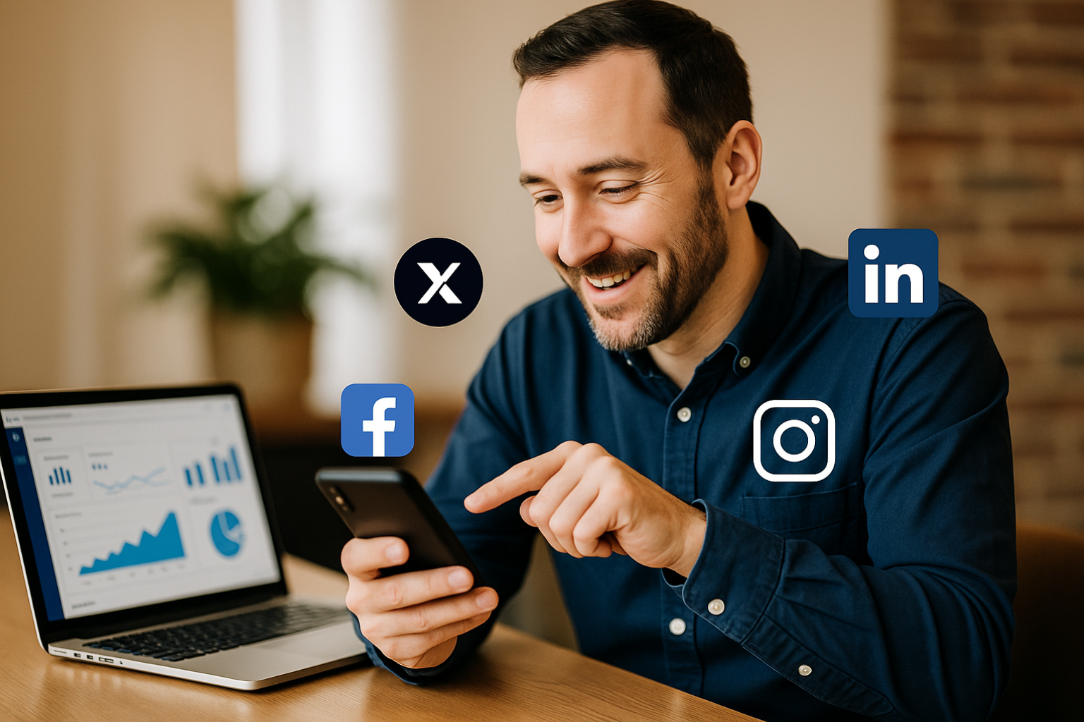 smiling man on his phone with floating social media icons