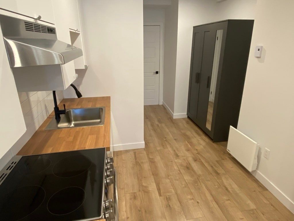 Une cuisine moderne et compacte avec une cuisinière, un plan de travail en bois, un évier et un meuble de rangement foncé sur un parquet clair.