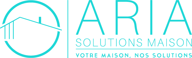 Logo turquoise pour ARIA Solutions Maison avec une icône circulaire représentant un simple contour de maison au-dessus du texte.