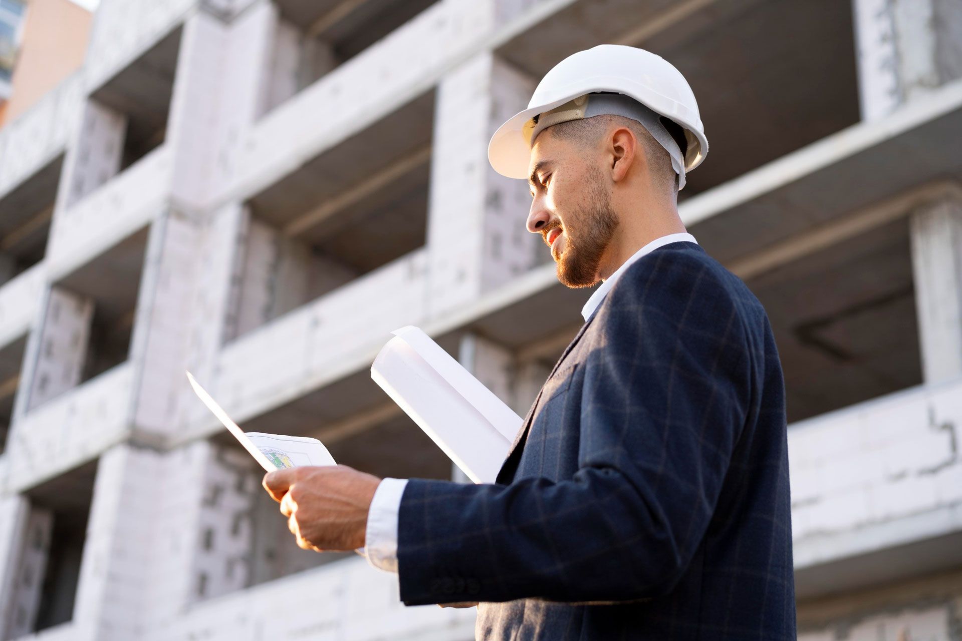 A man wearing a hard hat is looking at a blueprint in front of a building under construction.