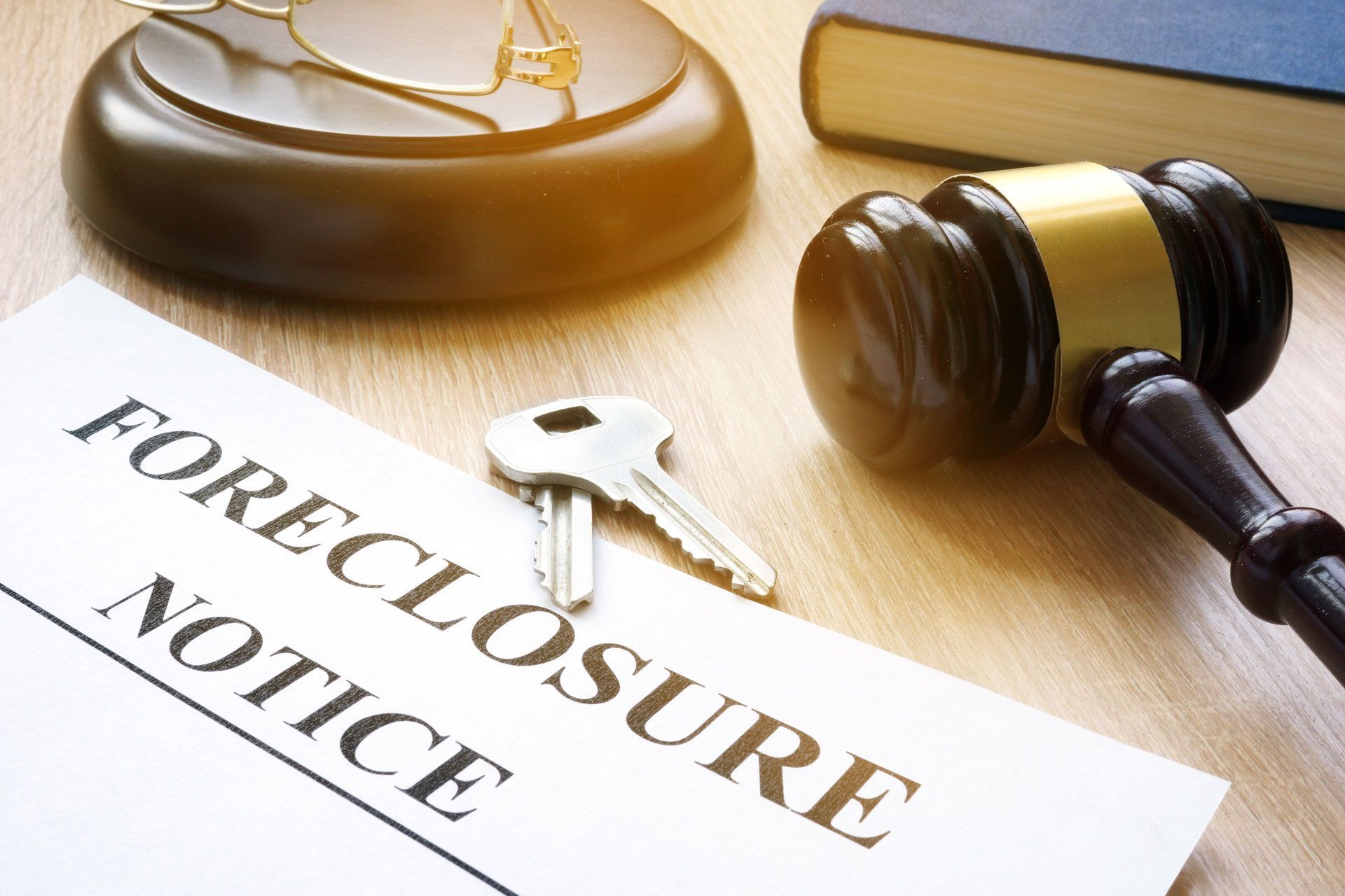 A foreclosure notice with a gavel and keys on a wooden table.