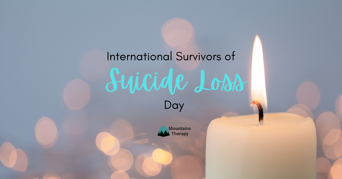 Candle lit on International Survivors of Suicide Loss Day, with teal text and bokeh background.