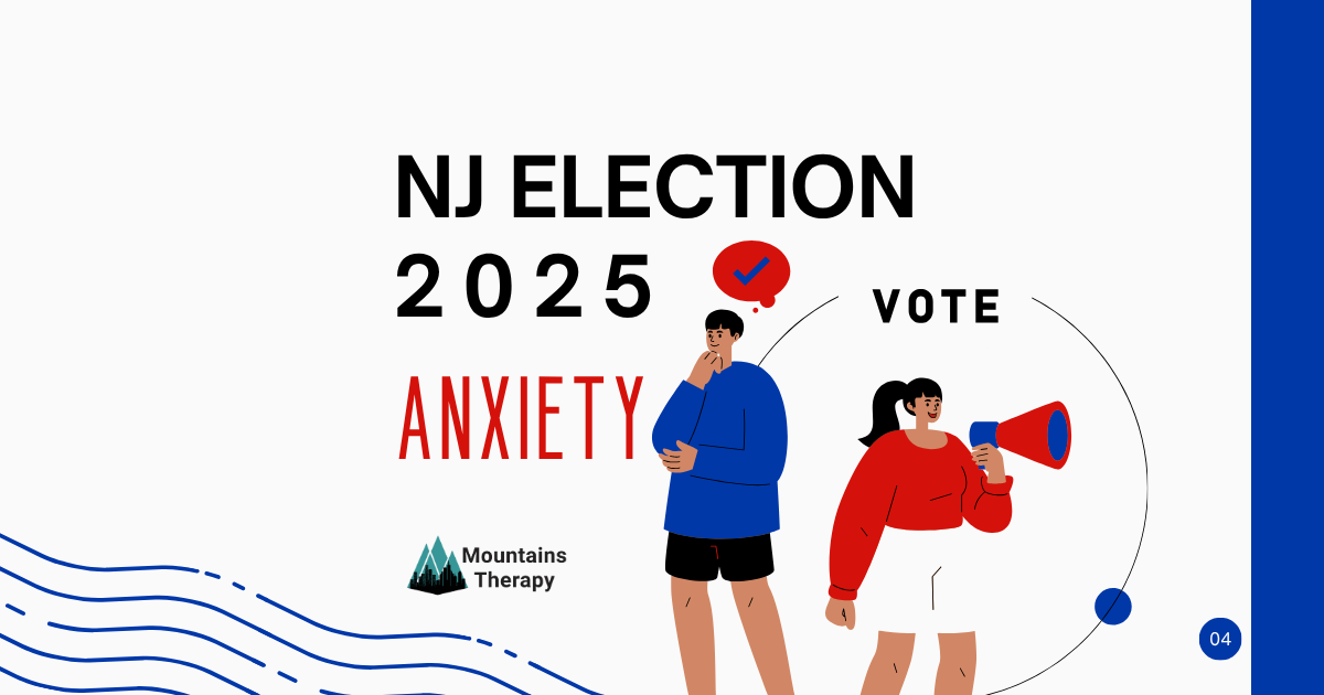 NJ election 2025. People thinking and using a megaphone. Anxiety written below.
