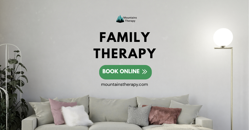 Family therapy advertisement with a couch and