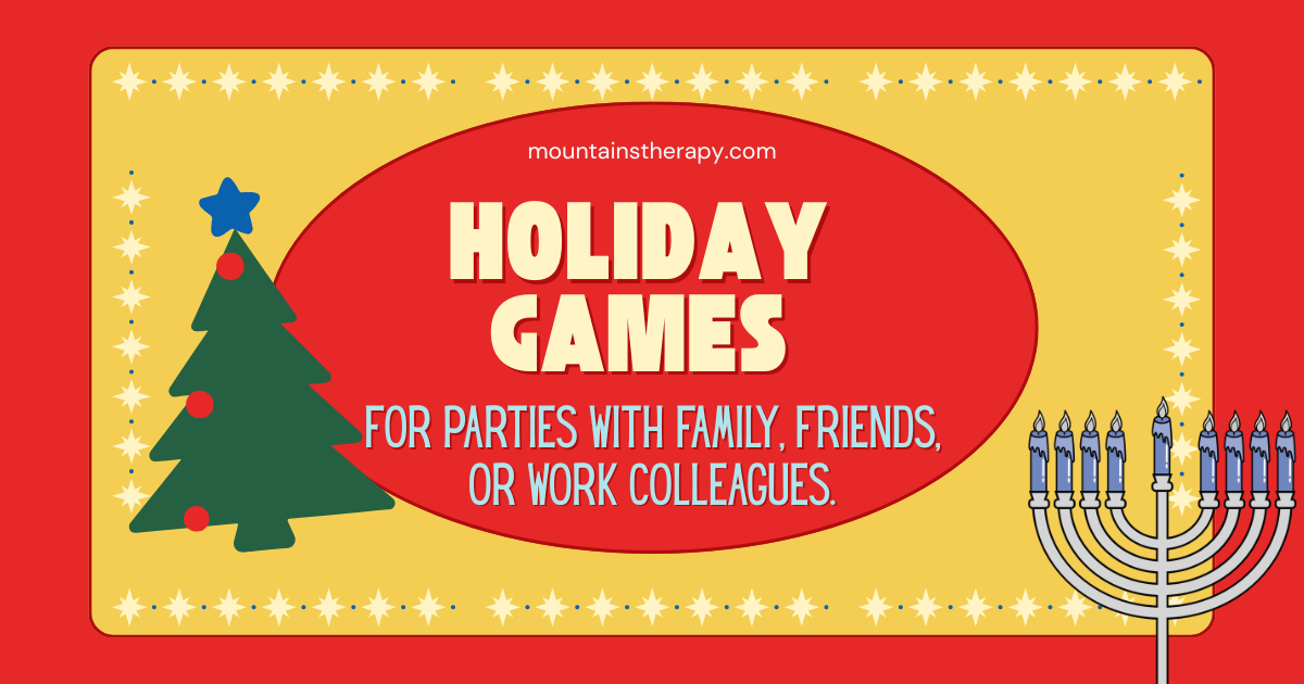 Holiday games banner with a Christmas tree, menorah, and red and yellow background.
