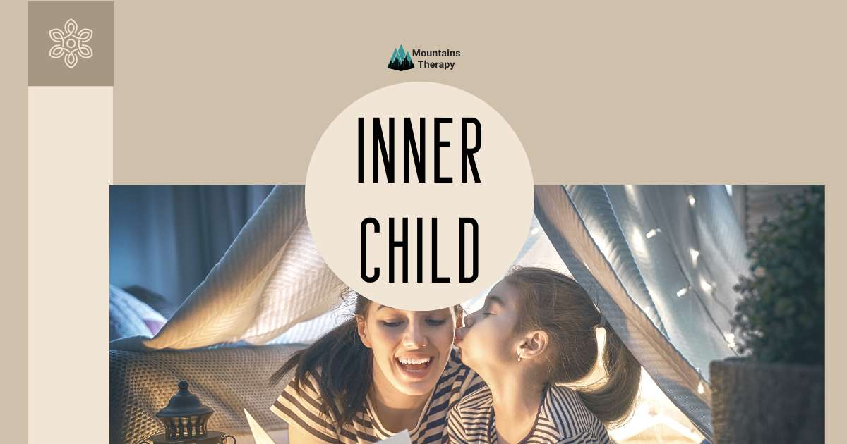 Woman and child inside a tent, smiling. Text overlay reads “Inner Child.”