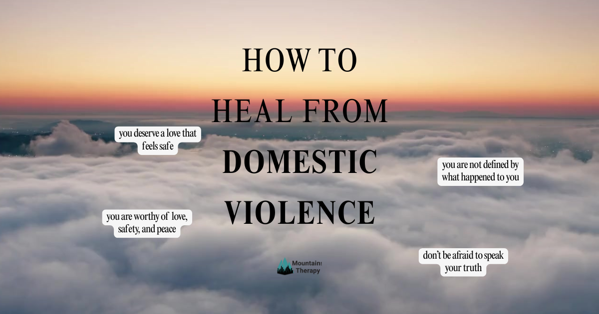 Text on healing from domestic violence, with sunset sky background.