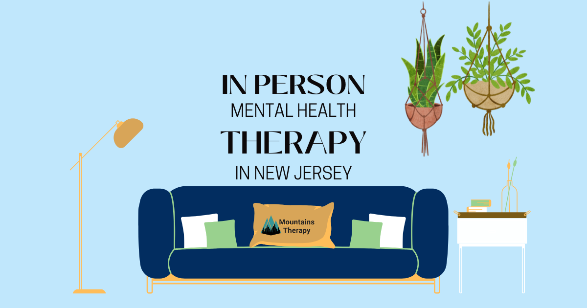 Blue couch, plants, and lamp in a room promoting in-person mental health therapy in New Jersey.