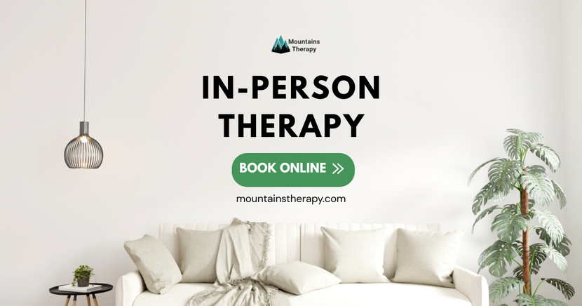 White room with couch; advertisement for in-person therapy. Book online button.