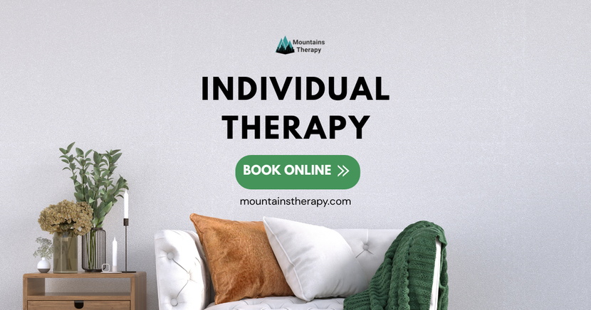 Individual therapy advertisement with a couch, pillows, and