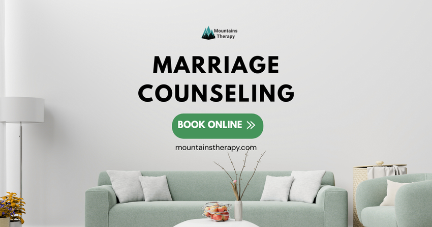 Marriage counseling advertisement with a teal couch in a white living room.