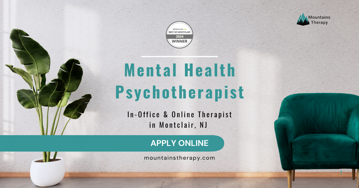 Job ad for a mental health psychotherapist in Montclair, NJ, with a plant and teal chair in the setting.