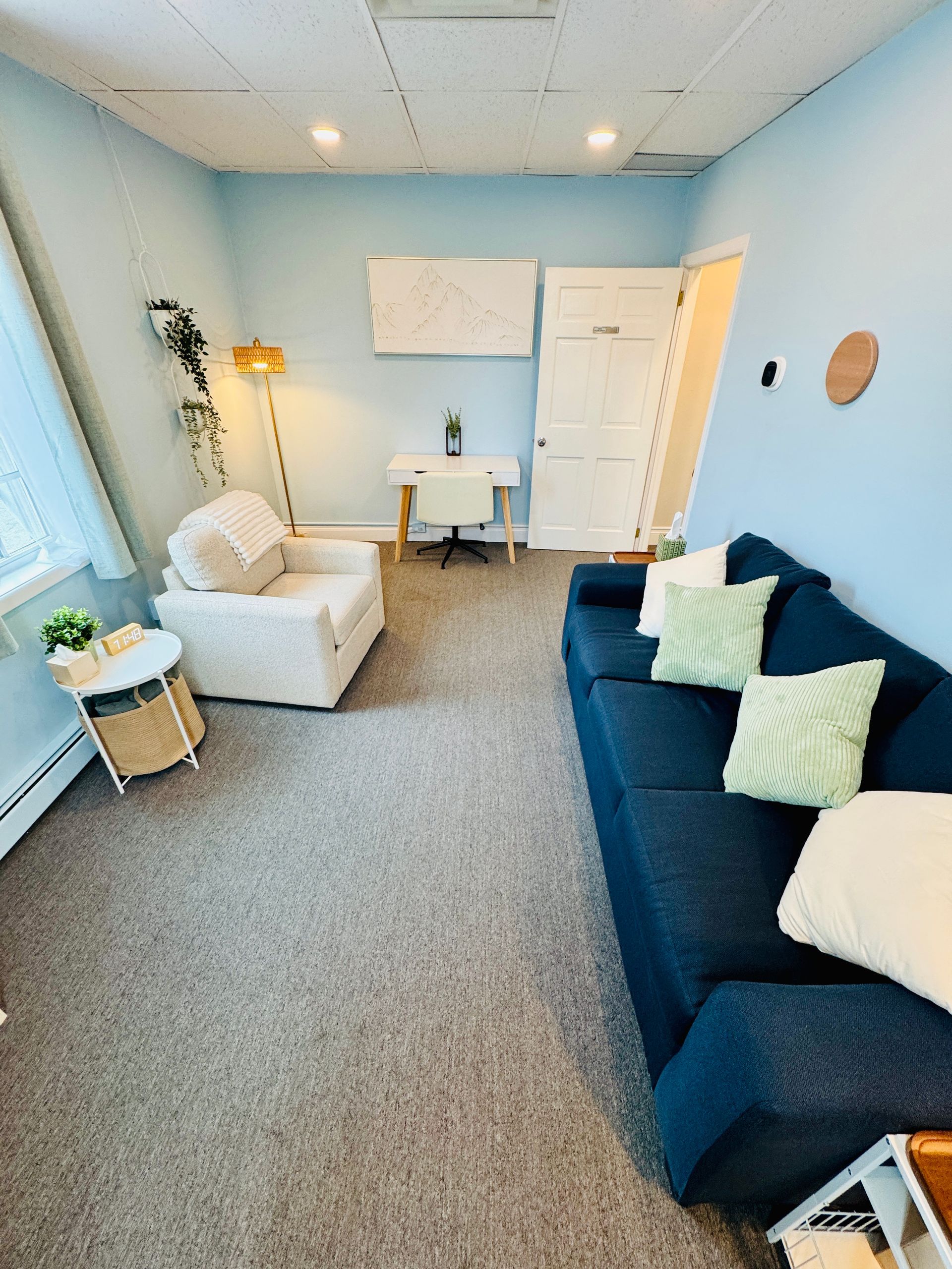 A light blue therapy room with a navy blue couch, white chair, desk, and light beige carpet.