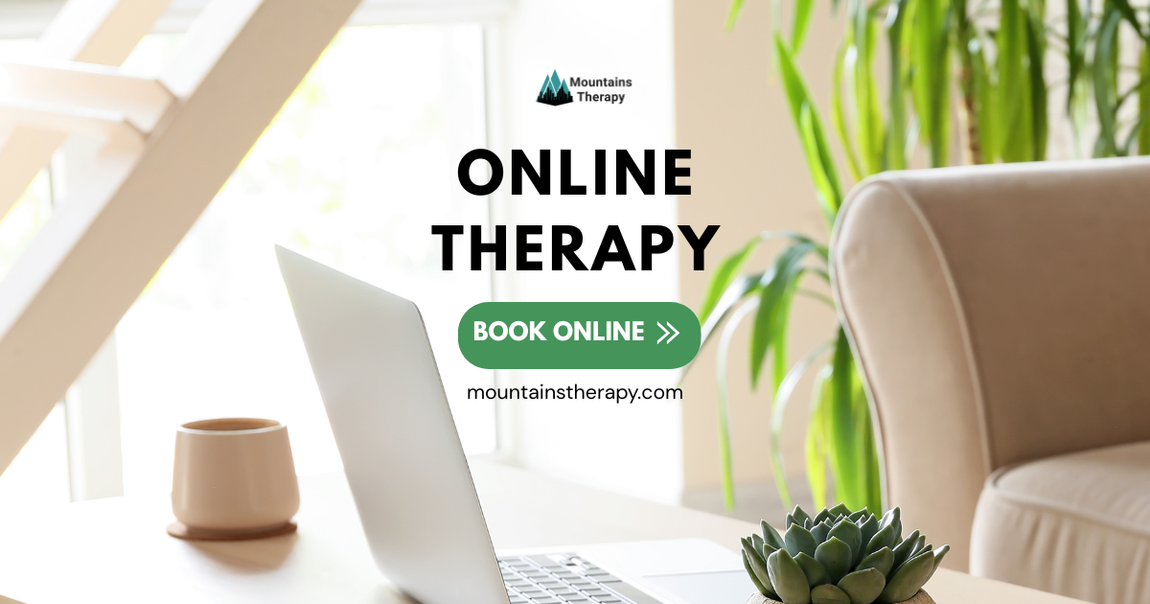 Laptop on table promoting online therapy.