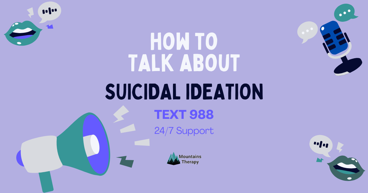 Graphic: How to talk about suicidal ideation. Text 988 for 24/7 support. Purple background with various graphics.