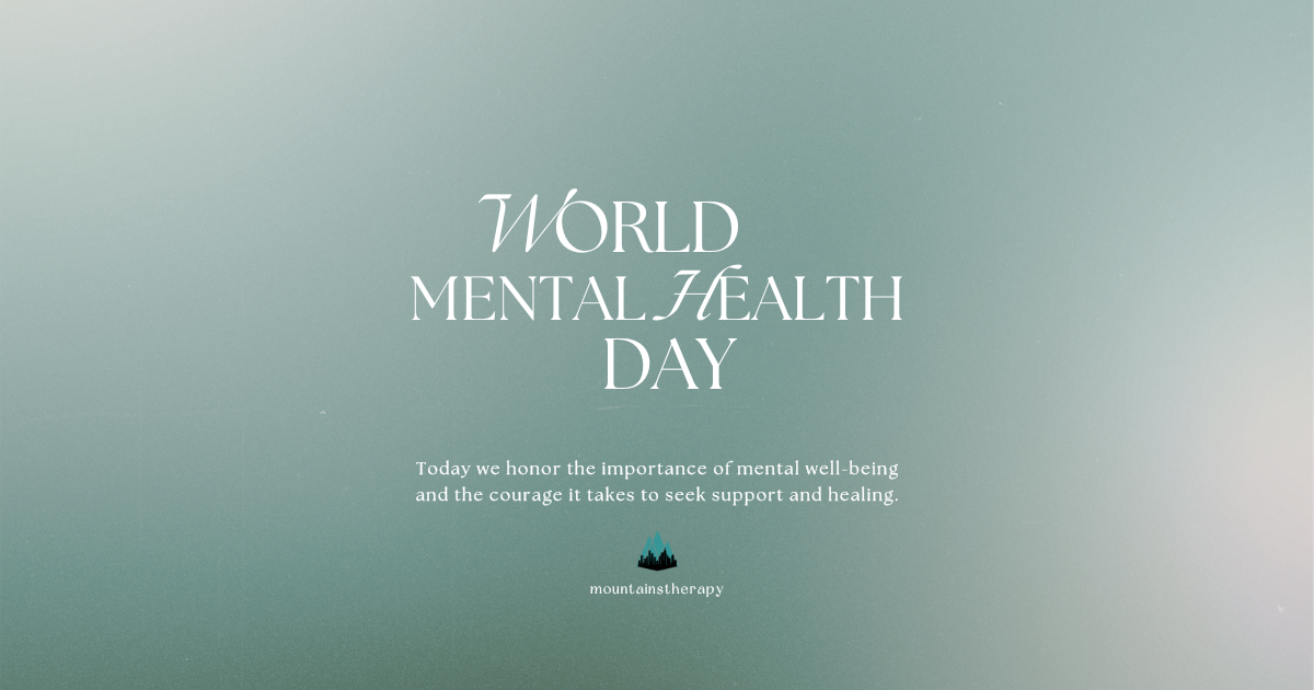 World Mental Health Day text on a green gradient background, with a small mountains logo.