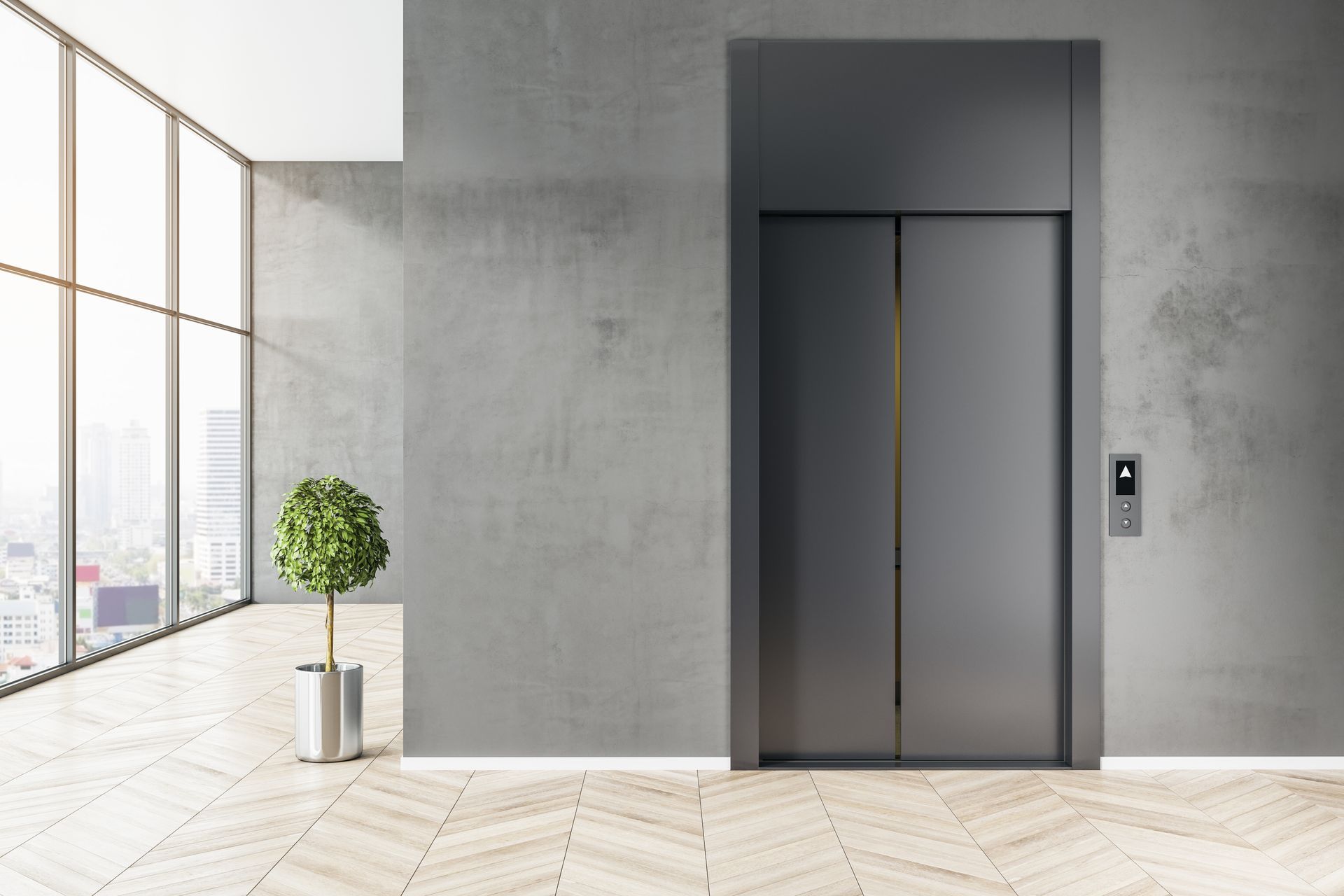 Una stanza vuota con un ascensore e una pianta in vaso.