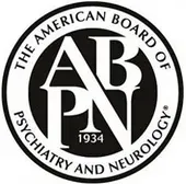 The american board of psychiatry and neurology logo is black and white.