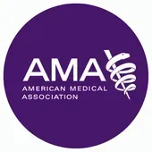 The logo for the american medical association is in a purple circle.