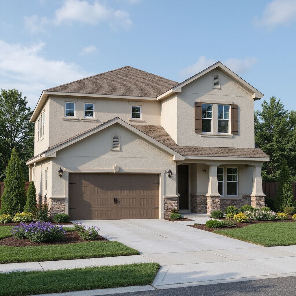 Two-story beige house with brown roof and garage door, surrounded by lawn and trees.