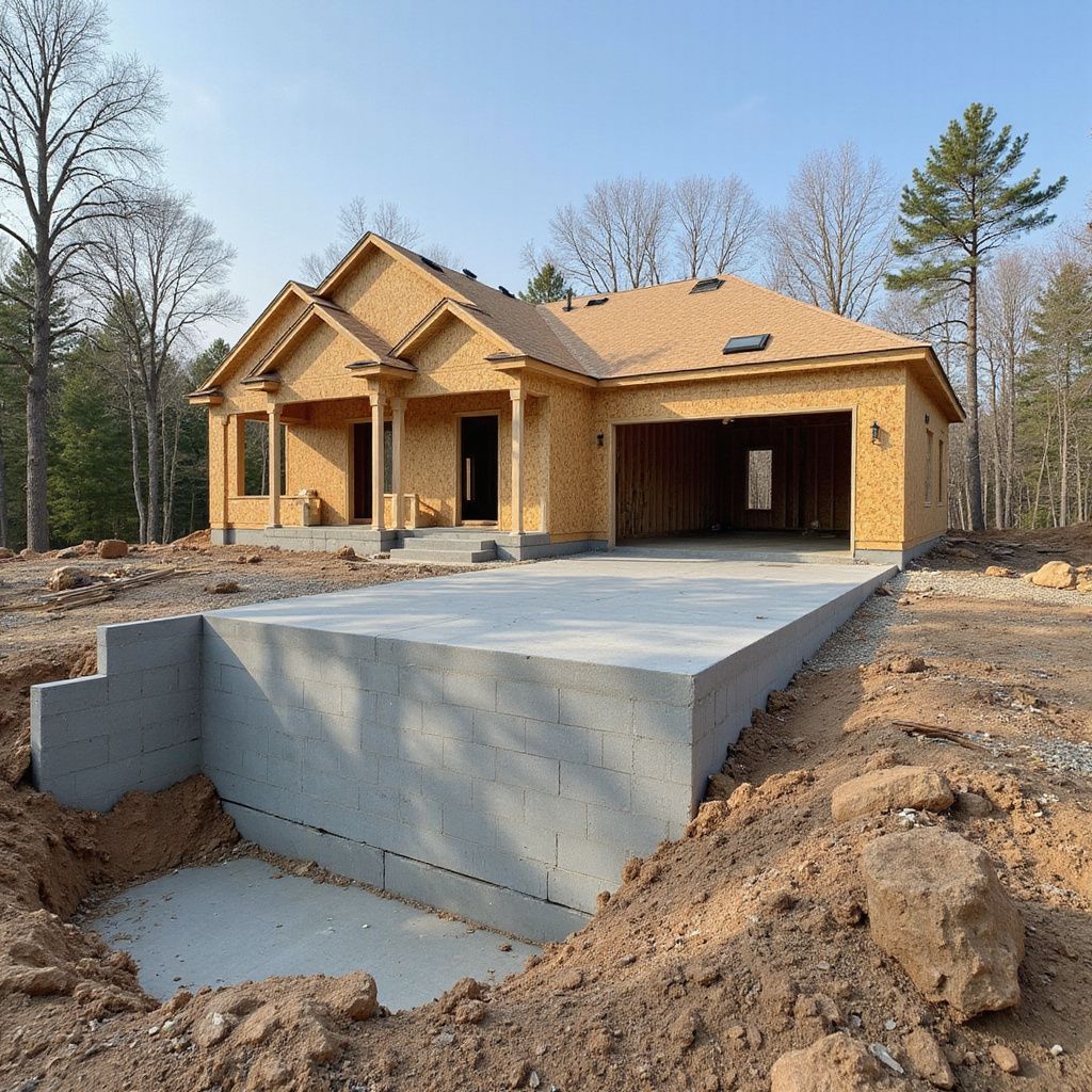 New house under construction with a concrete driveway and exposed wood framing.
