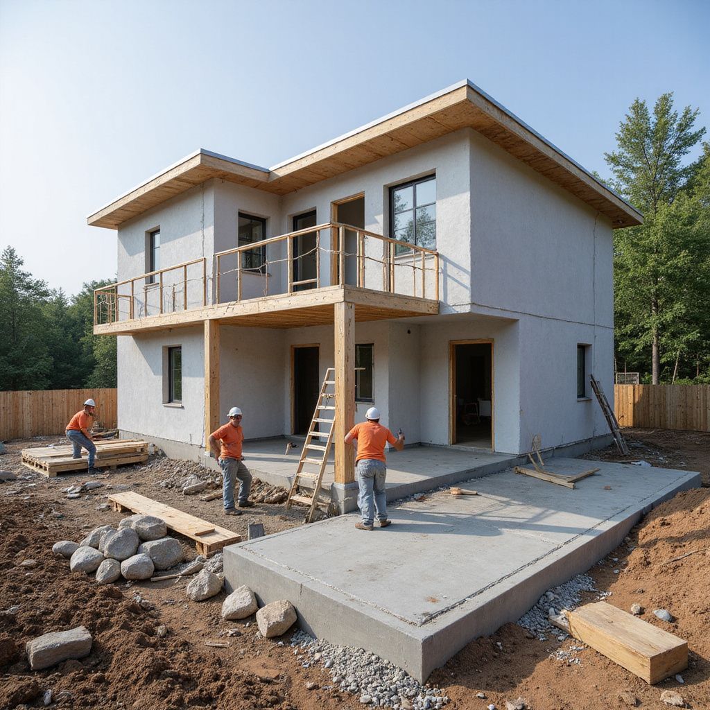 Two construction workers pouring cement into a rectangular form in front of a house.