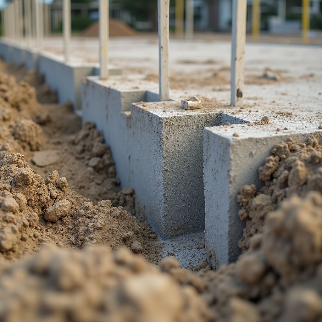 Concrete foundation walls being constructed in a dirt trench.