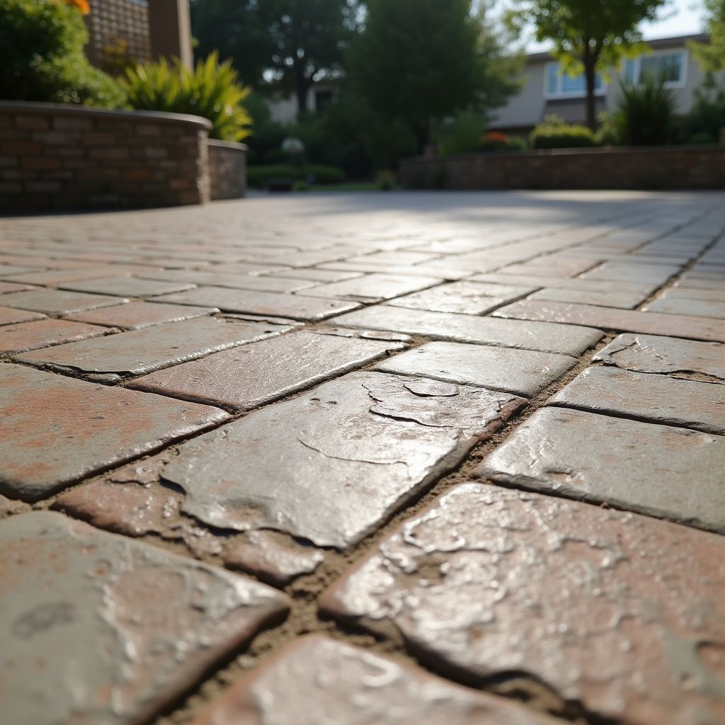 Close-up of weathered brick pavers in a sunny outdoor setting; focus on textures and color variations.