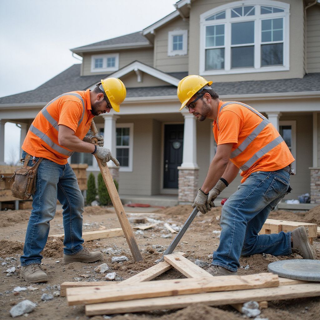 Two construction workers building a wooden form outside a beige house; both wear orange shirts, hard hats, and safety vests.