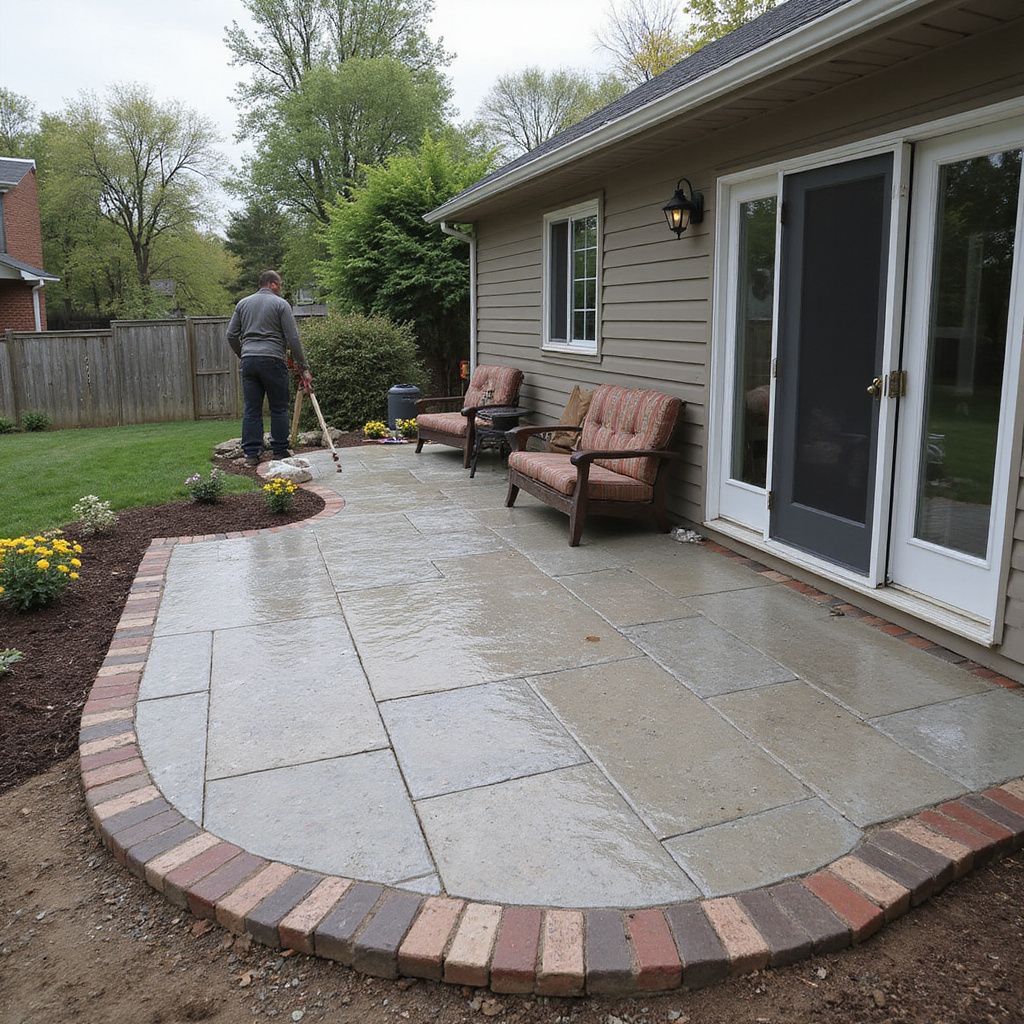 Person working on a stone patio with brick border next to a house with chairs and sliding glass doors.