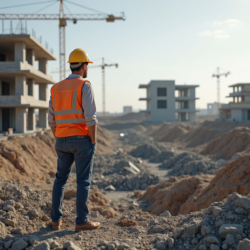 Construction worker wearing hard hat and safety vest, surveying a construction site with unfinished buildings and dirt piles.