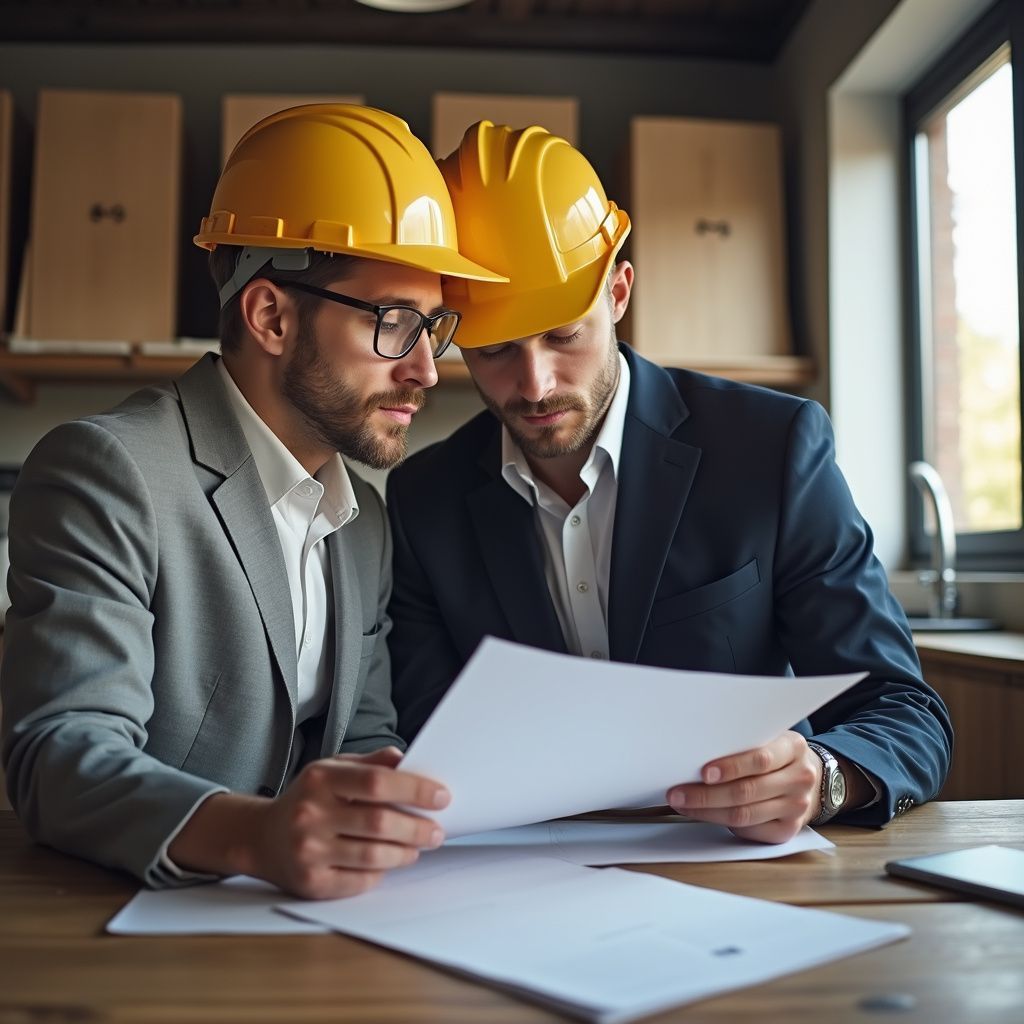 Two people wearing hard hats, reviewing documents at a table.