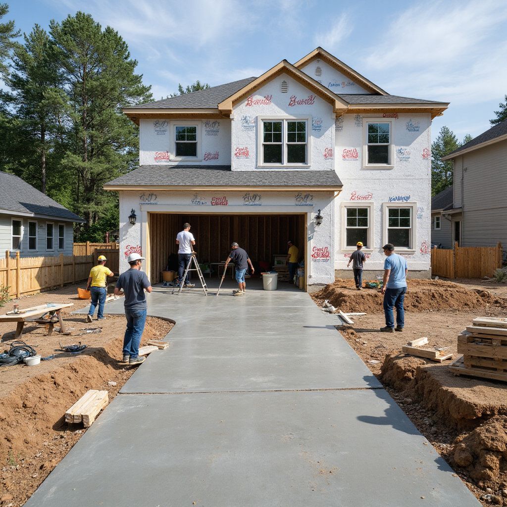 House under construction, workers around garage and driveway. Exterior walls covered in white material. Concrete driveway.