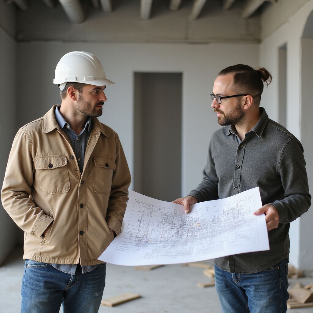 Two construction workers pouring cement into a rectangular form in front of a house.