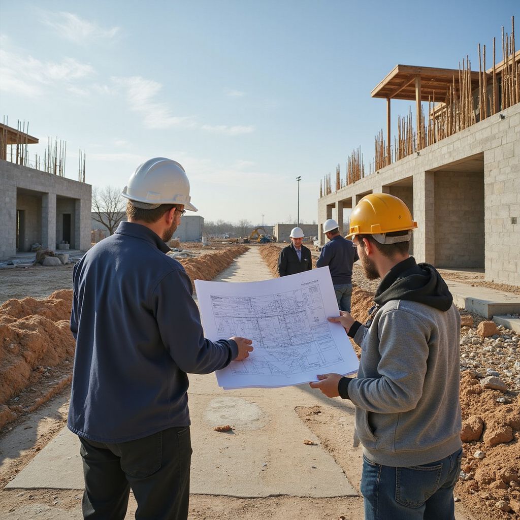 Two construction workers pouring cement into a rectangular form in front of a house.
