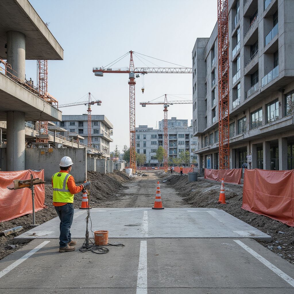 Two construction workers pouring cement into a rectangular form in front of a house.