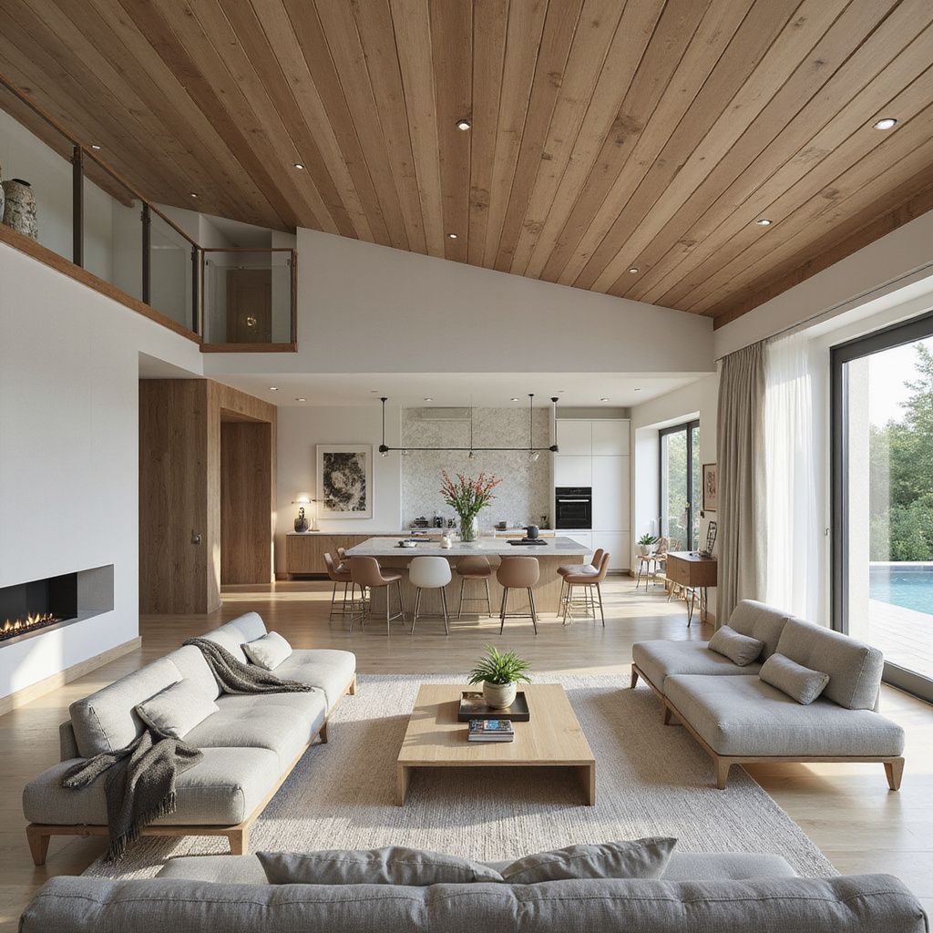 Luxurious living room with light wood ceiling and flooring, open to a kitchen. Modern design with sofas, fireplace.