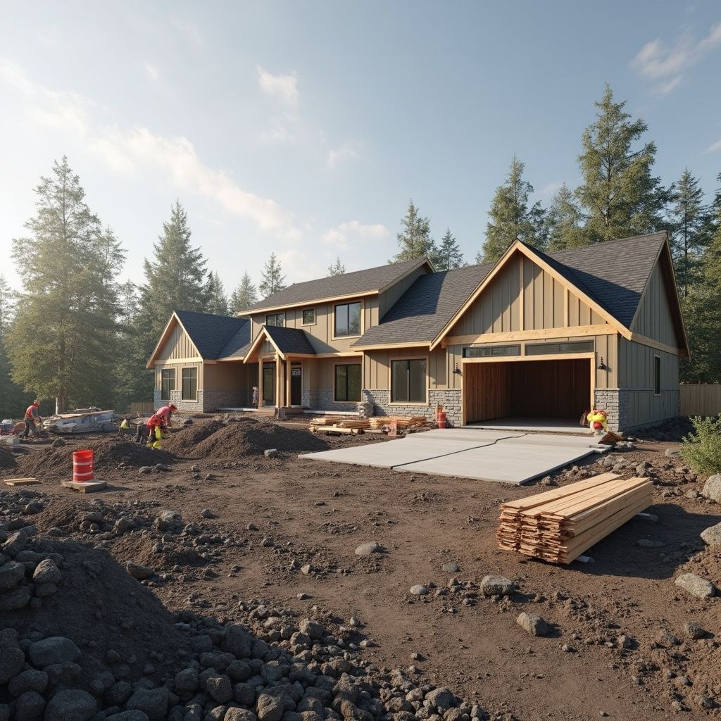 Construction site of a two-story house with an open garage. Workers are in the yard, and trees surround the property.