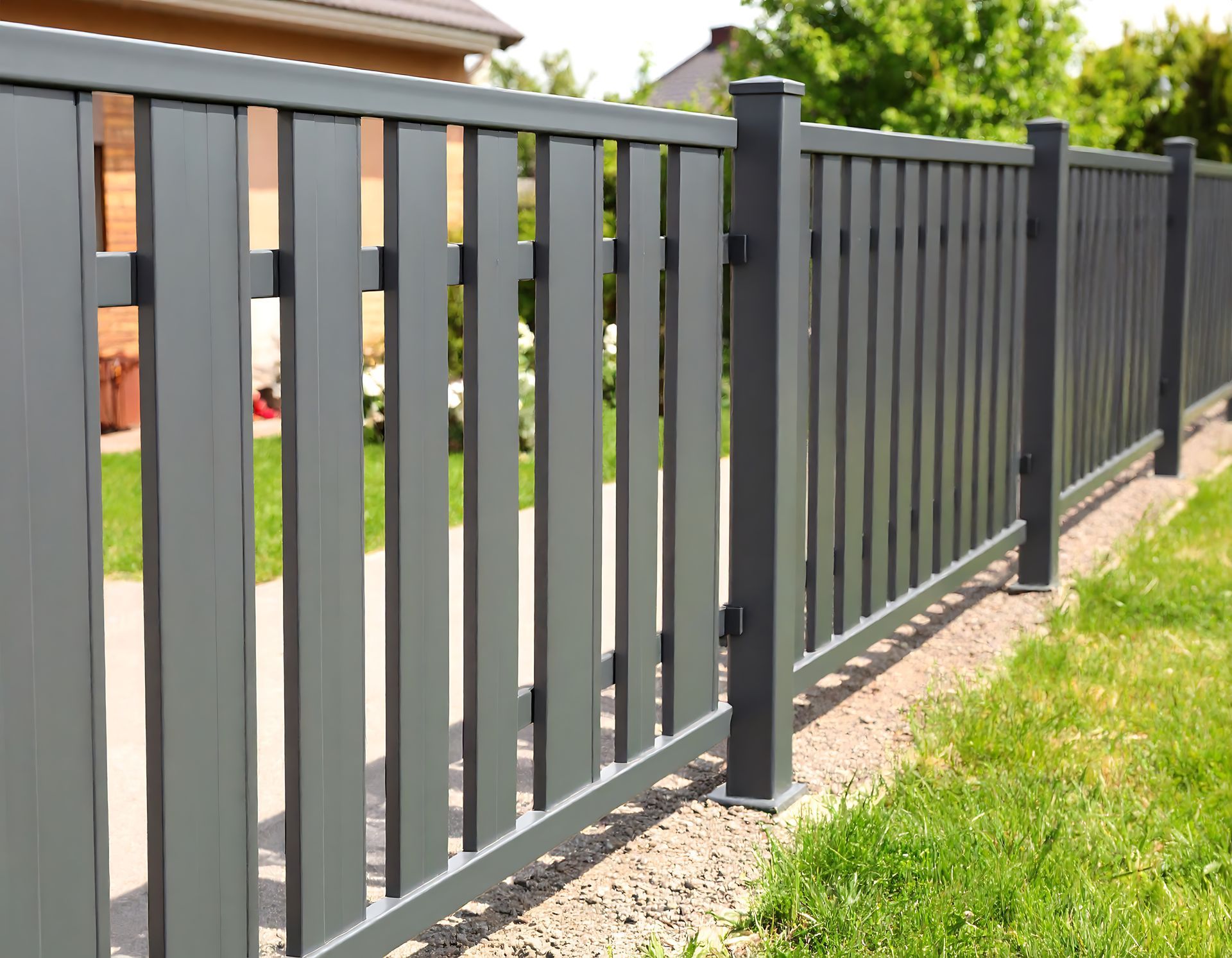 Gray vertical slat fence alongside a grassy yard.