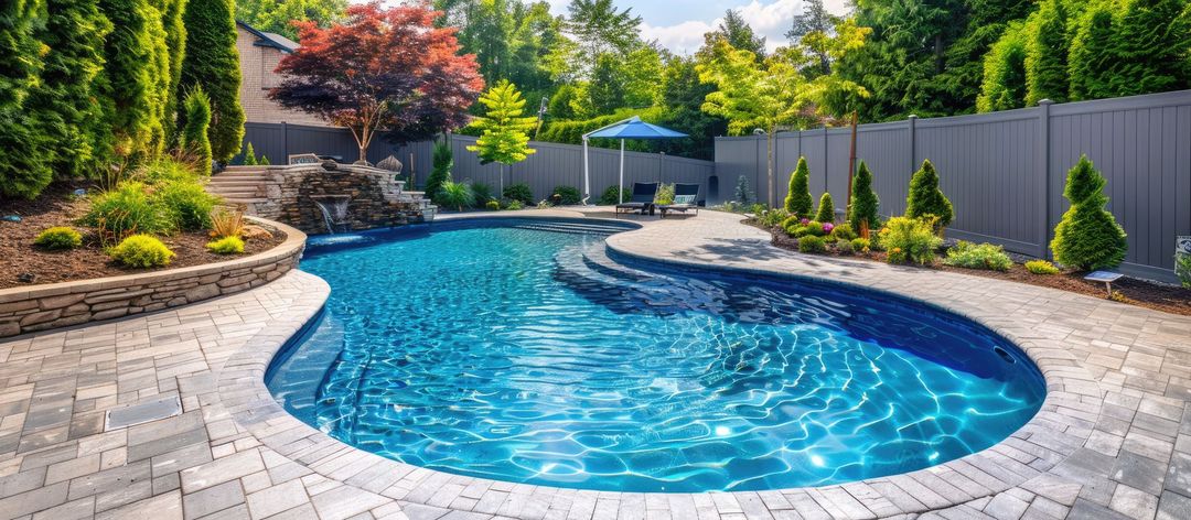 A swimming pool in a suburban residential backyard with beautiful landscaping and fencing.