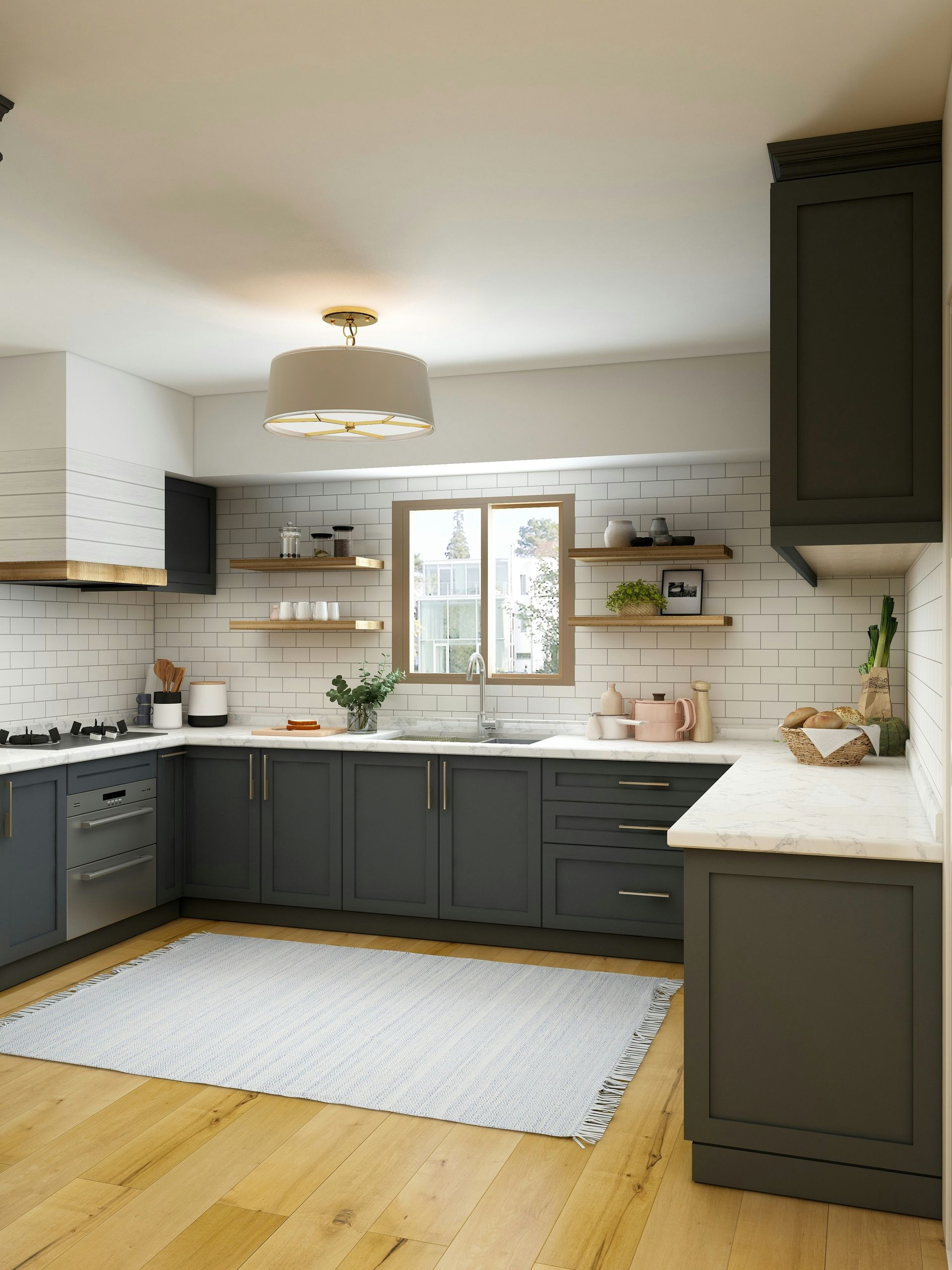 Kitchen with white subway tile and dark kitchen cabinets