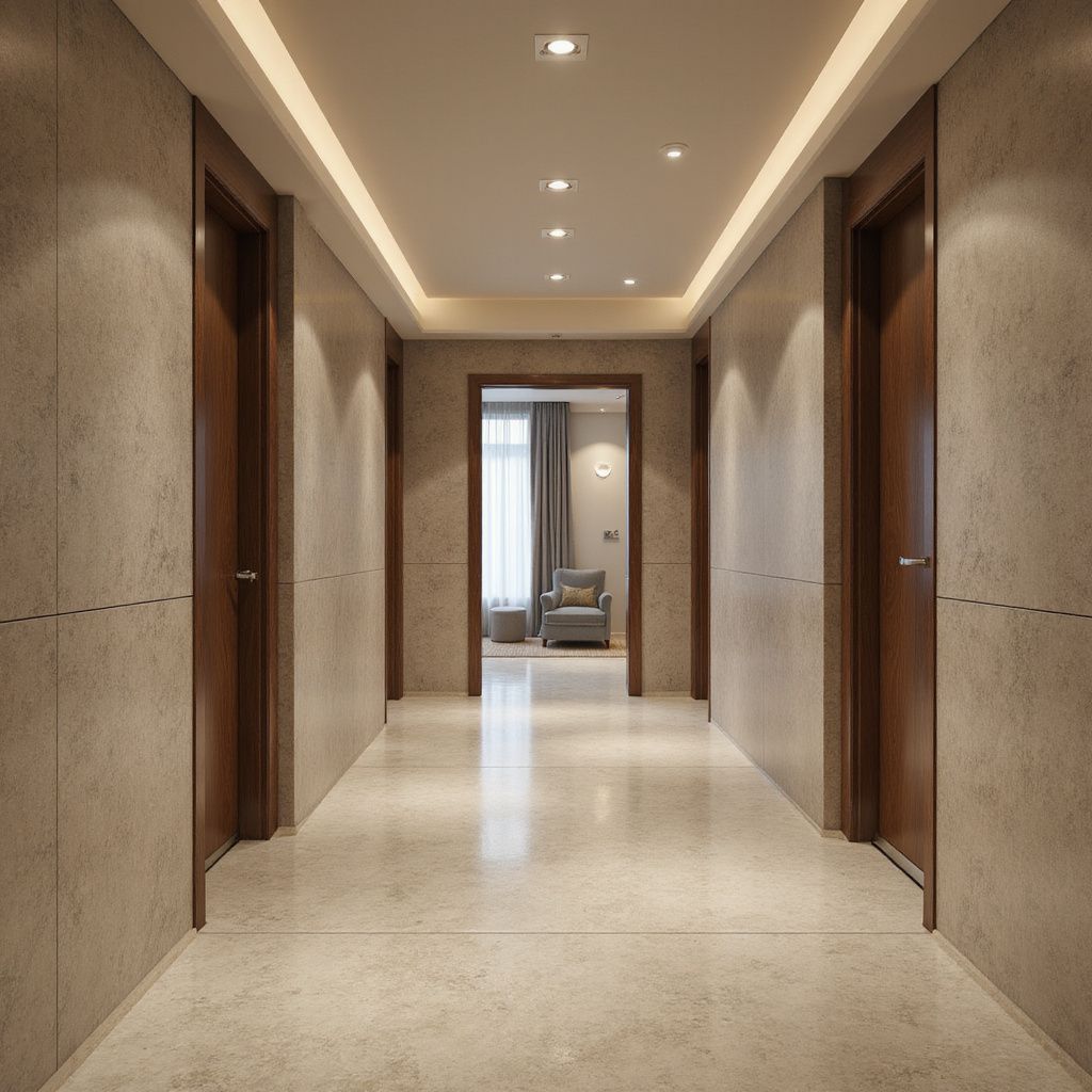 A long, well-lit hallway with wooden doors, beige walls, and a glimpse of a chair at the end.