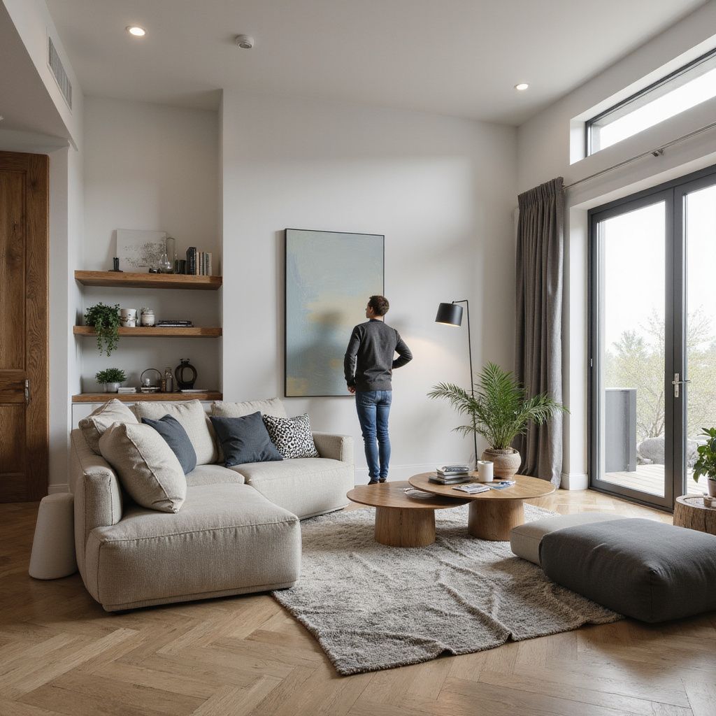 Man in living room examining artwork on wall; light-colored sofa, wooden coffee table, plants, window.