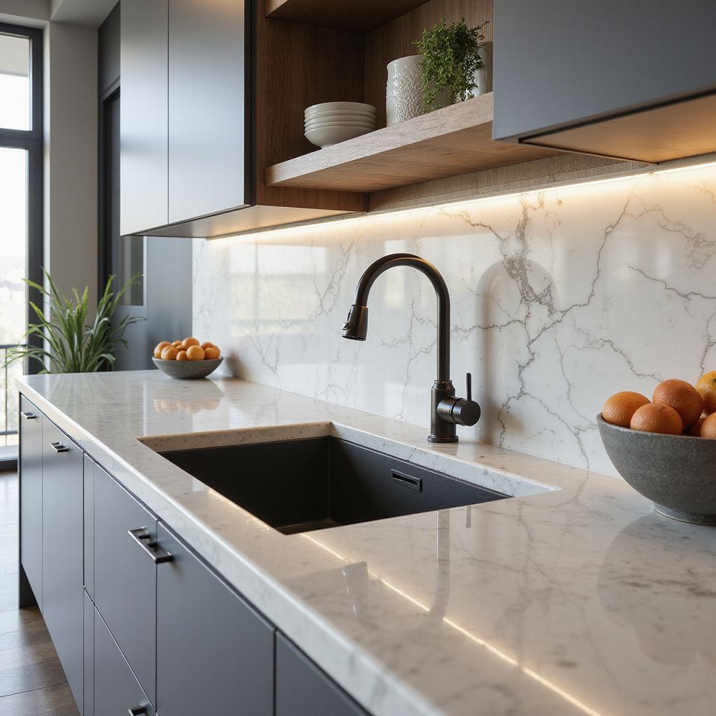Modern kitchen with a black sink, marble countertop, and dark gray cabinets.