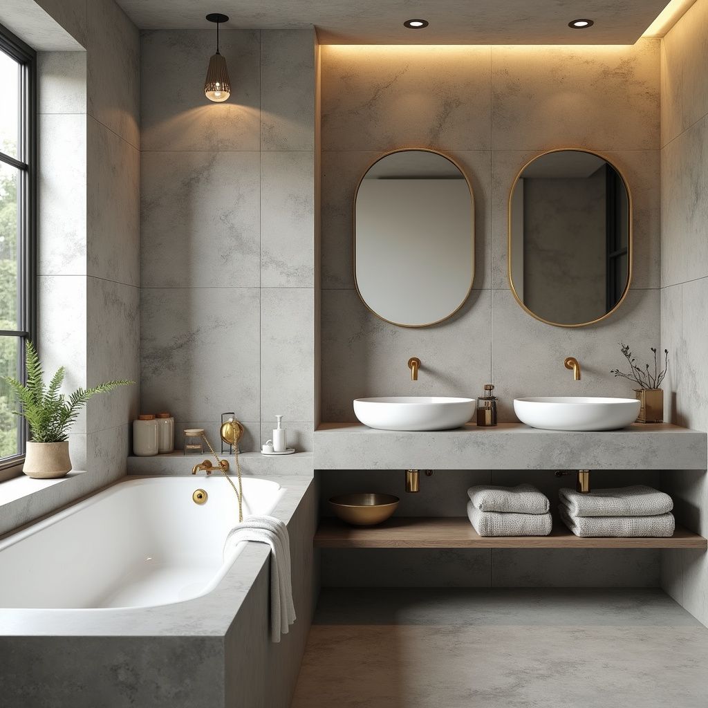 Modern bathroom with gray concrete walls, bathtub, sinks, mirrors, and soft lighting.