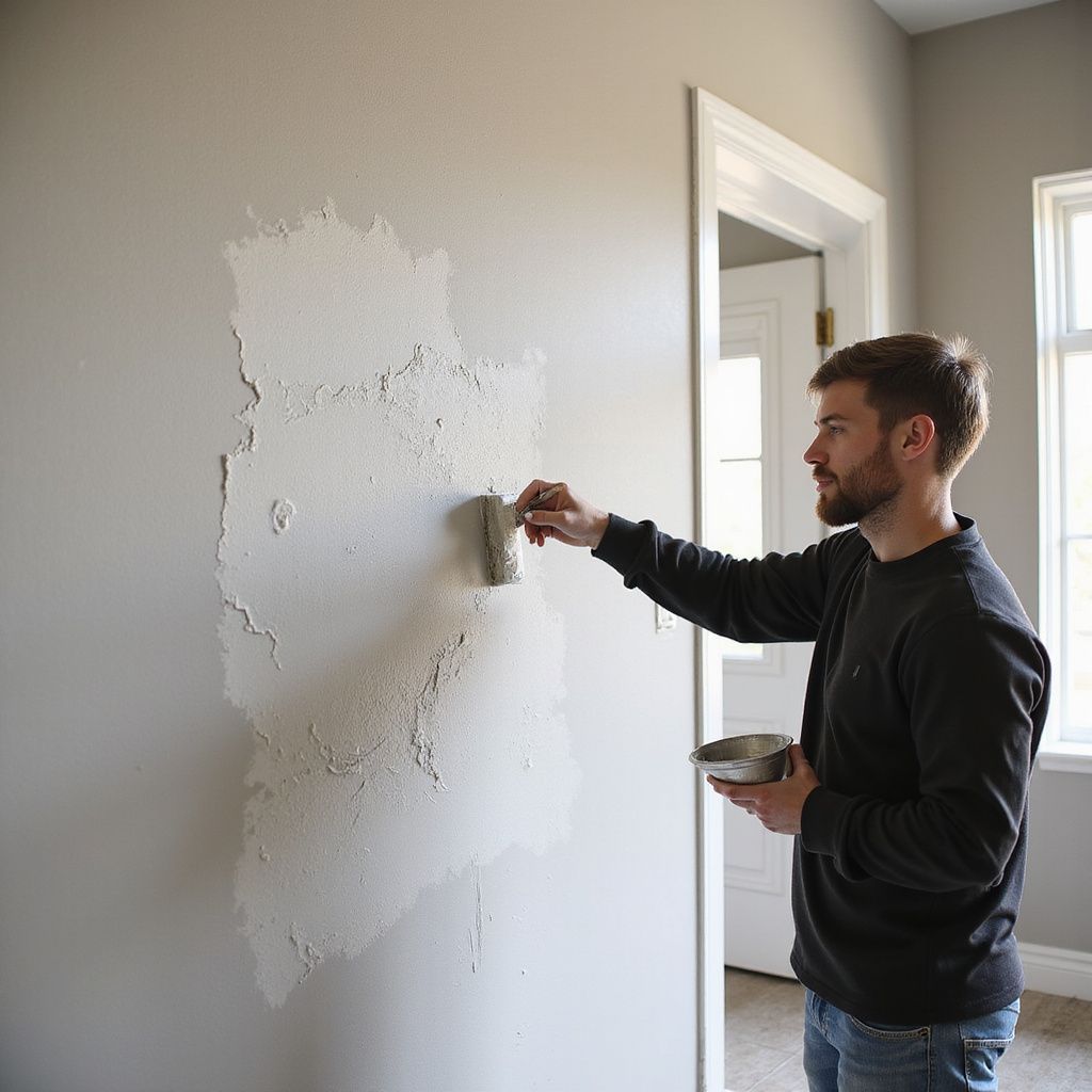 Man spackling wall with putty knife, holding a small container, in an interior room setting.