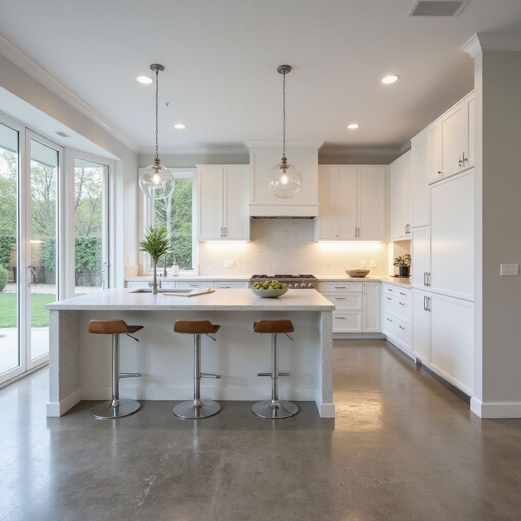 Modern white kitchen with island, bar stools, and stainless steel appliances.