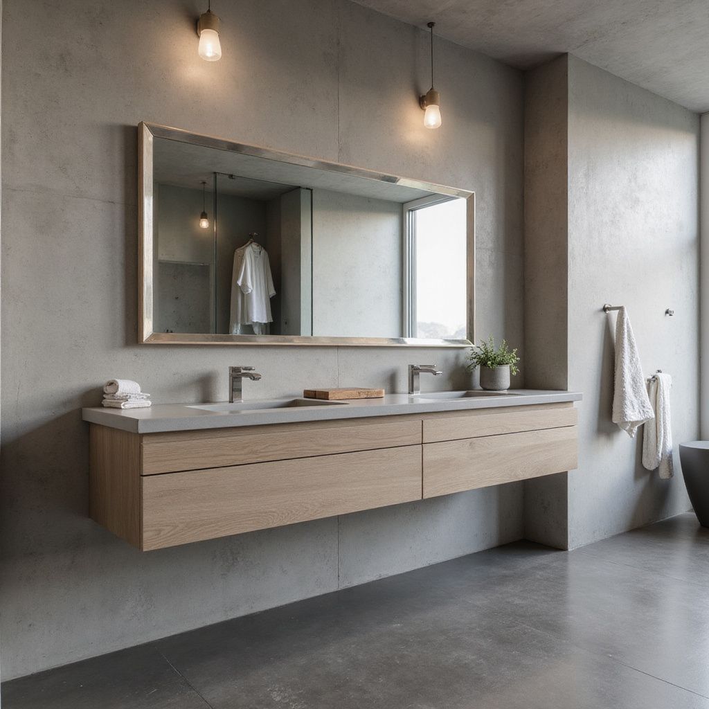 A modern bathroom with a floating wooden vanity, large mirror, and gray concrete walls.